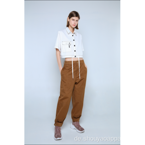 LADIES WHITE CROPPED BLOUSE MIT KURZEN ÄRMELN